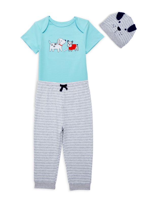 Little Me Baby Boy's 3-Piece Puppy Print Beanie, Bodysuit & Pants Set